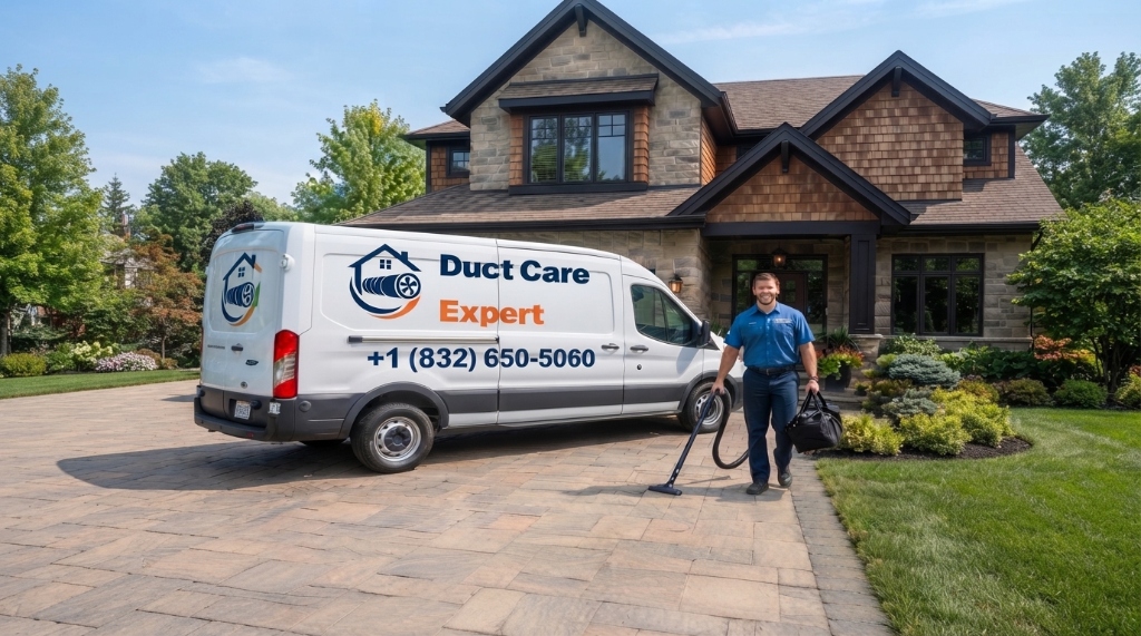 Duct Care Expert professional technician standing by the service van in front of a residential home