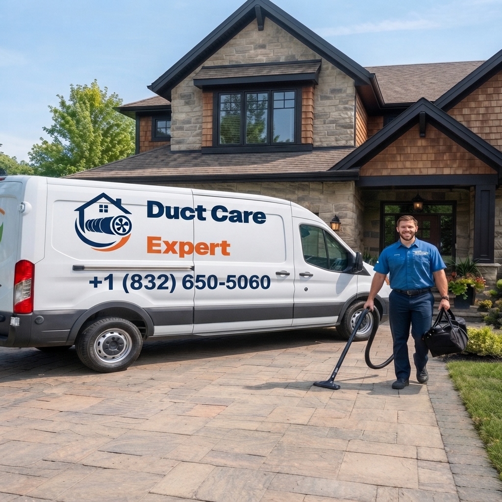 Duct Care Expert professional technician standing by the service van in front of a residential home