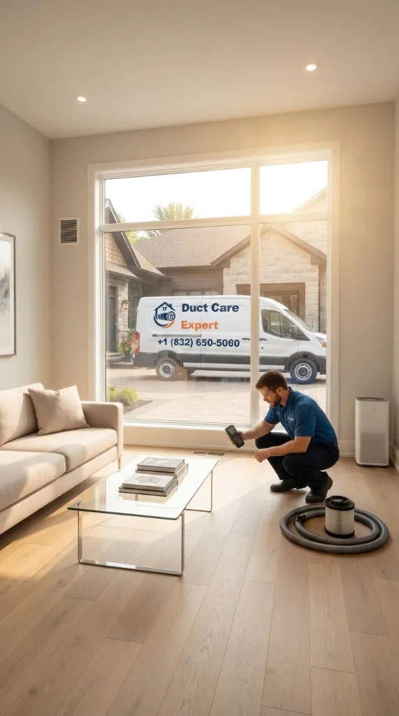 Living room with Duct Care Expert service van outside the window