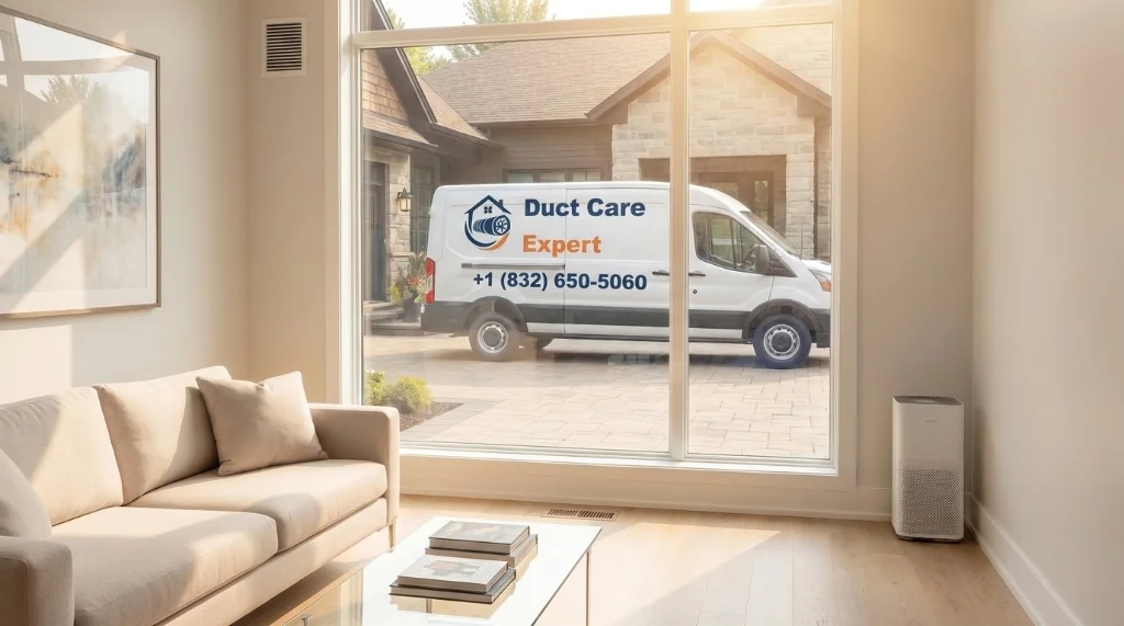 Living room with Duct Care Expert service van outside the window