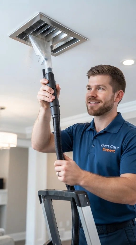Duct Care Expert technician cleaning a ceiling air register vent