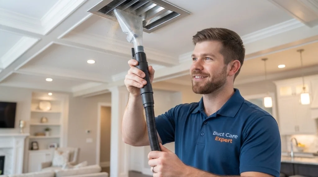 Duct Care Expert technician cleaning a ceiling air register vent