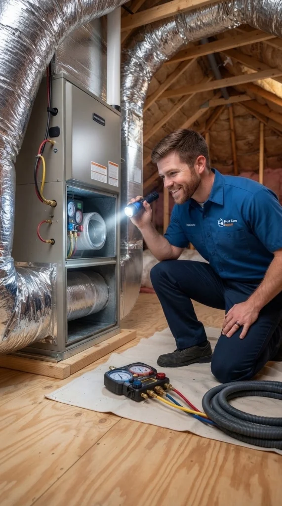 Duct Care Expert technician servicing HVAC furnace unit in attic