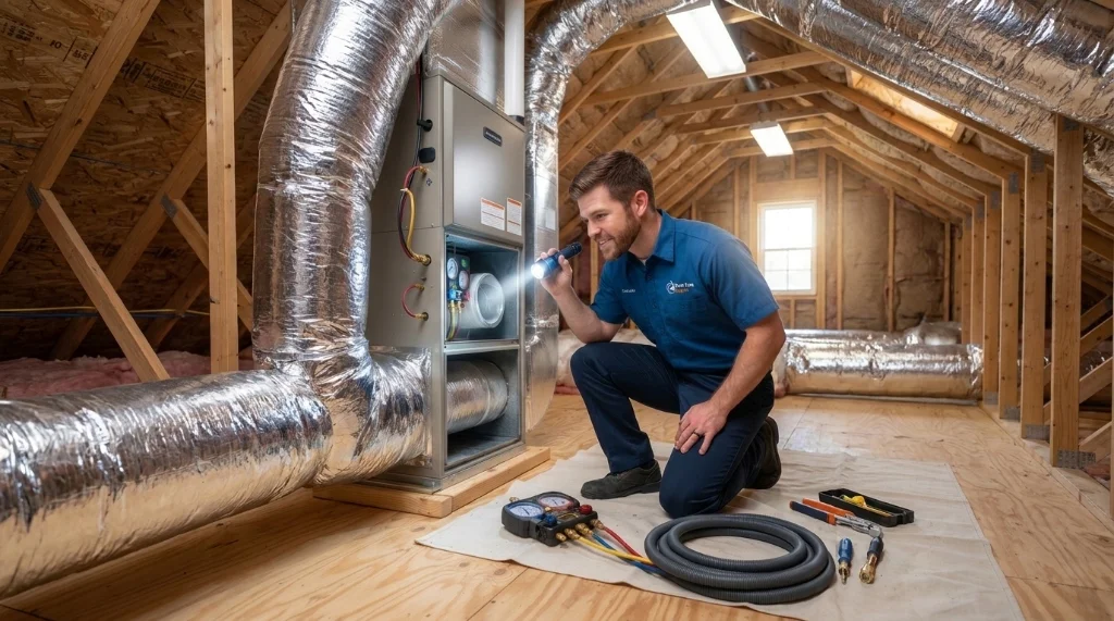 Duct Care Expert technician servicing HVAC furnace unit in attic